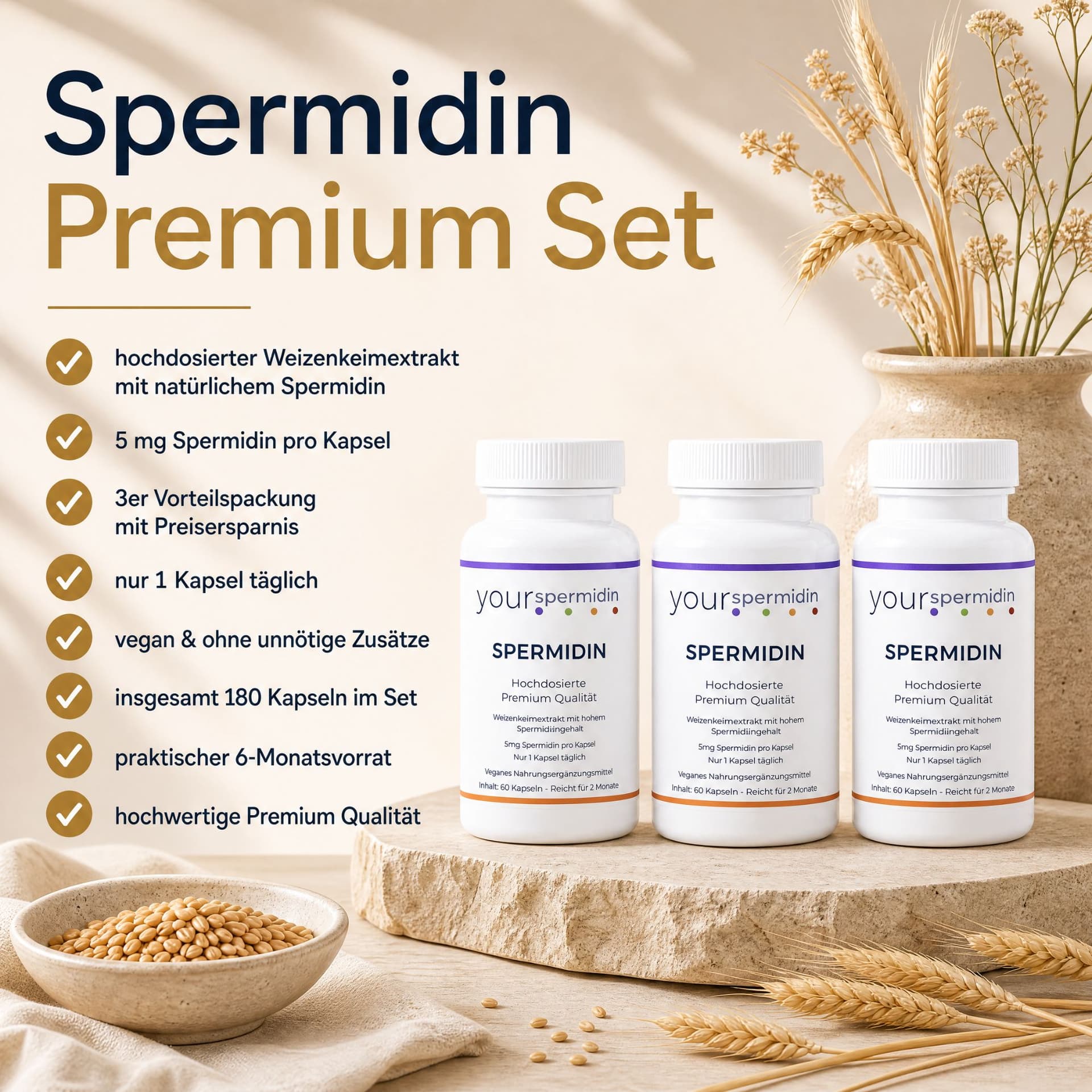 Spermidin Hochdosiert 5mg | Spermidin für 6 Monate | Weizenkeimextrakt Kapseln Kaufen | 3-er Vorteilsset