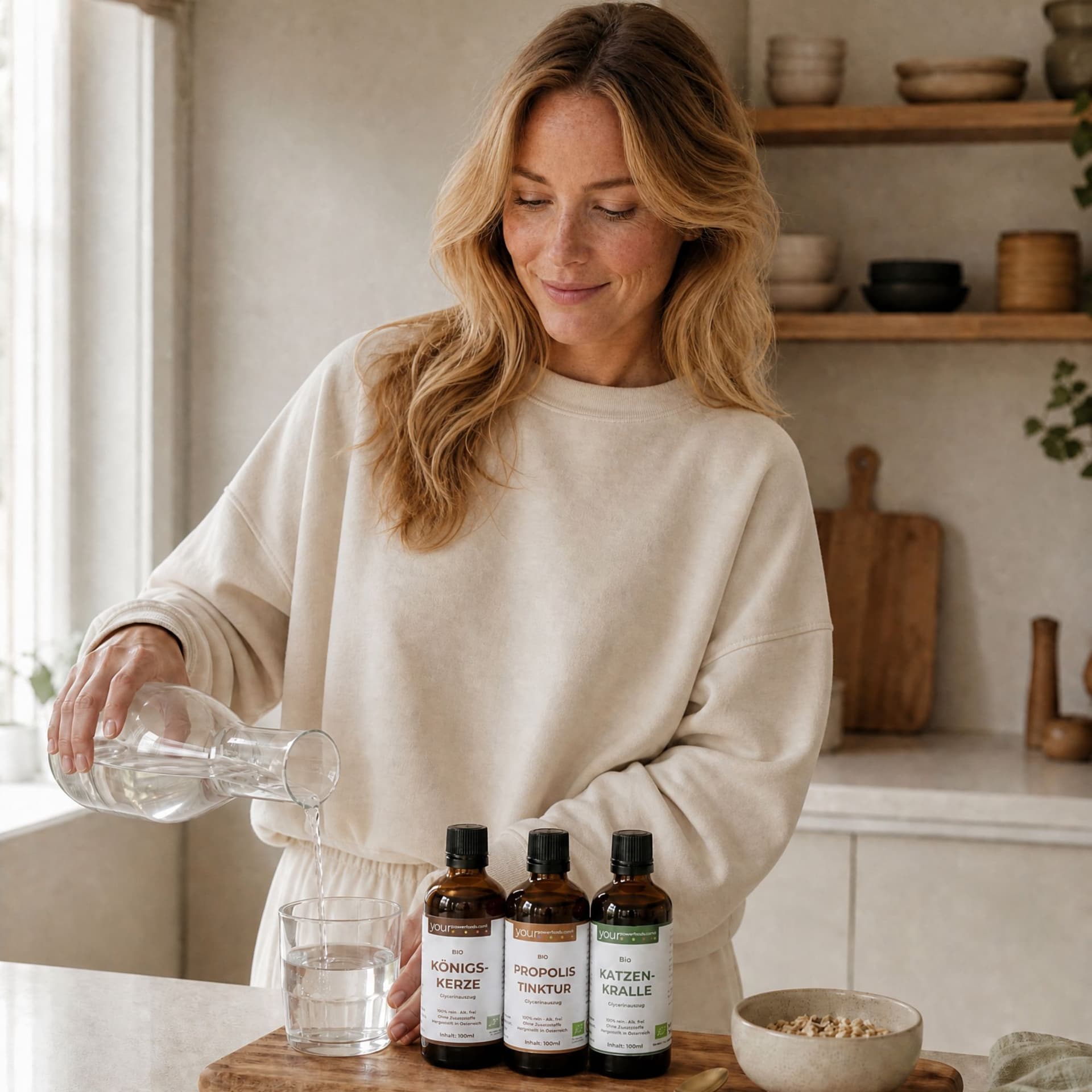 Immun Balance Bundle – Königskerze, Katzenkralle & Propolis: Frau gießt Wasser in Glas, daneben drei braune Tropfflaschen auf