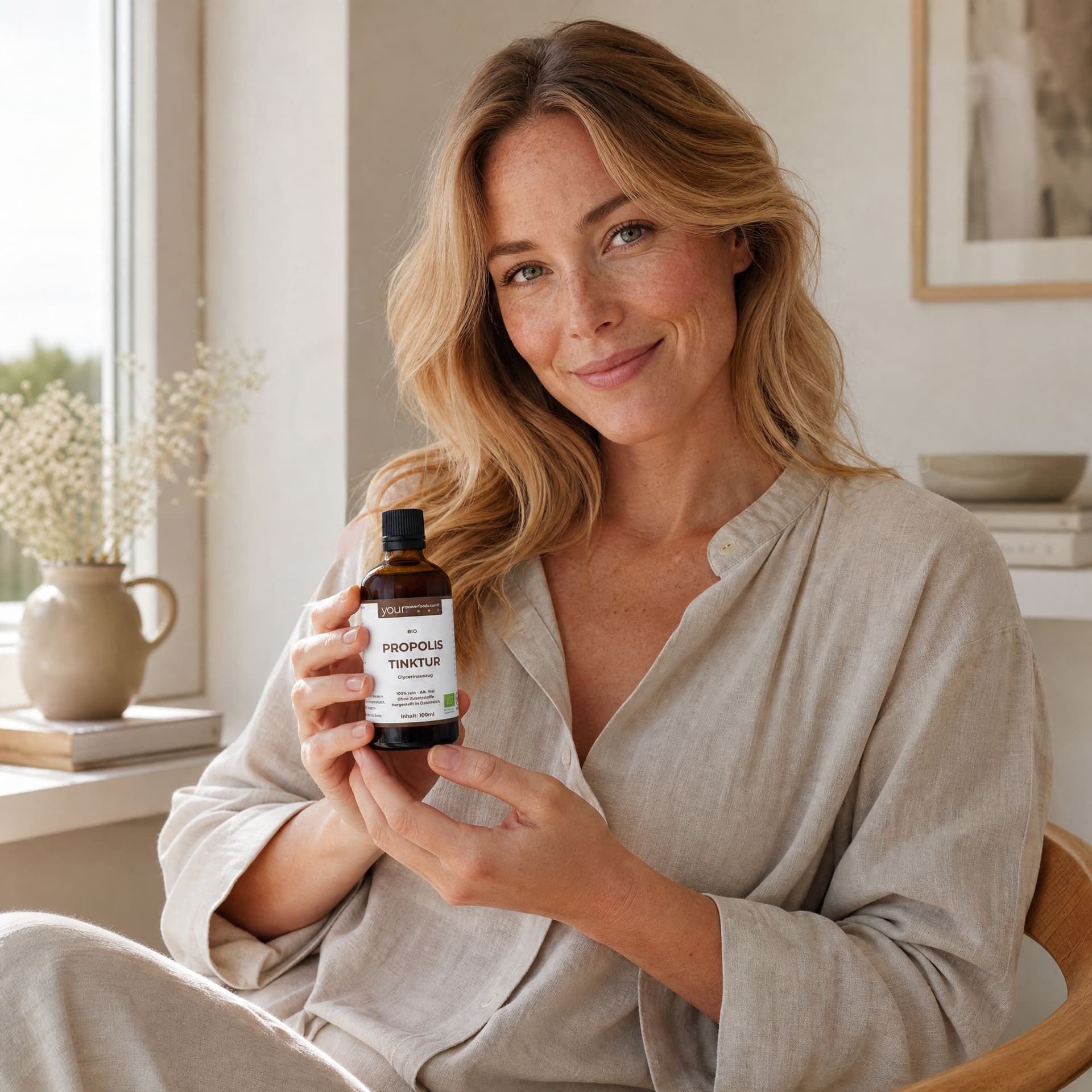 Immun Balance Bundle - Königskerze, Katzenkralle & Propolis: Frau hält lächelnd braune Glasflasche mit Propolis Tinktur in di