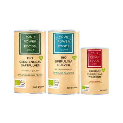 Power Foods Trio - Bio Spirulina, Dulse, Flocken, Gerstengras im Set Power Foods Trio - Bio Spirulina, Dulse, Flocken, Gerstengras im Set