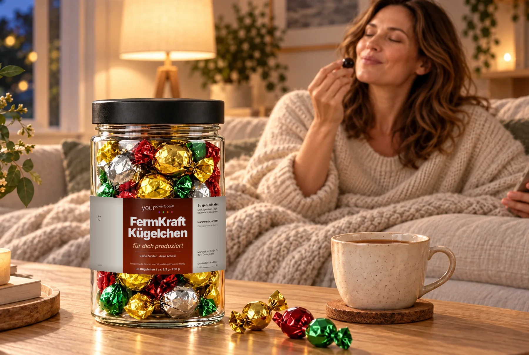 FermKraft Kügelchen im Glas mit persönlichem Etikett auf dem Couchtisch, auf dem Sofa isst eine Frau ein Kügelchen