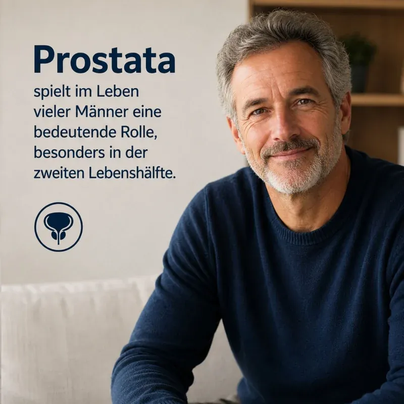 Prostakraft – Lifestyle-Bild: lächelnder älterer Mann im blauen Pullover, Text „Prostata spielt im Leben vieler Männer eine b