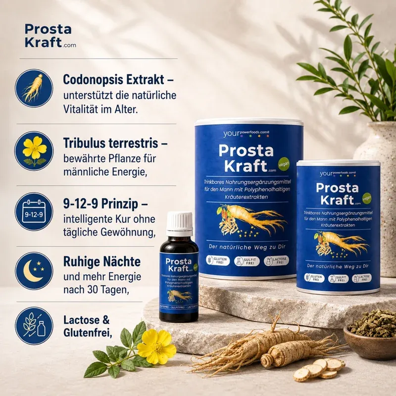 Prostakraft endlich ruhige Nächte mit natürlicher Pflanzenpower – Infografik mit Zutaten wie Codonopsis und Tribulus terrestr